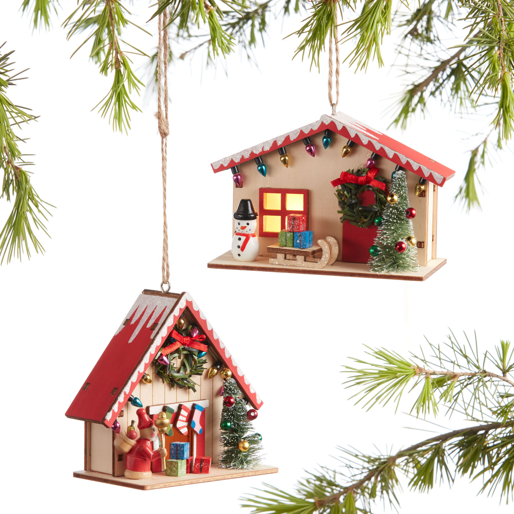 Laser Cut Wood House Scene LED Light Up Ornaments Set Of 2