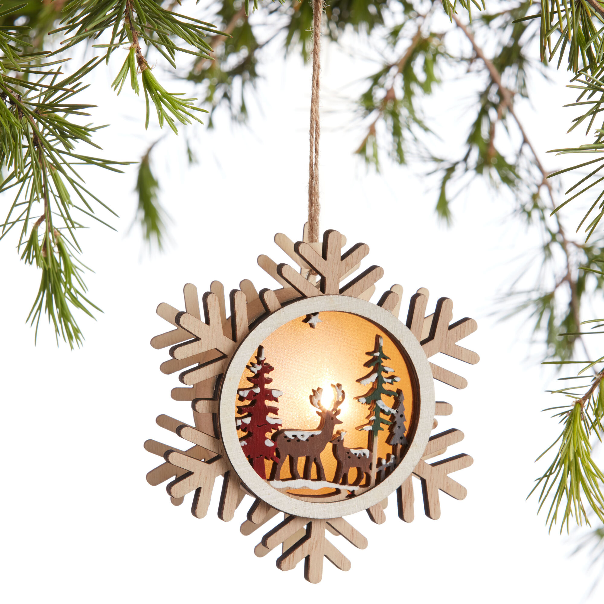 Laser Cut Wood Snowflake Deer Scene LED Light Up Ornament