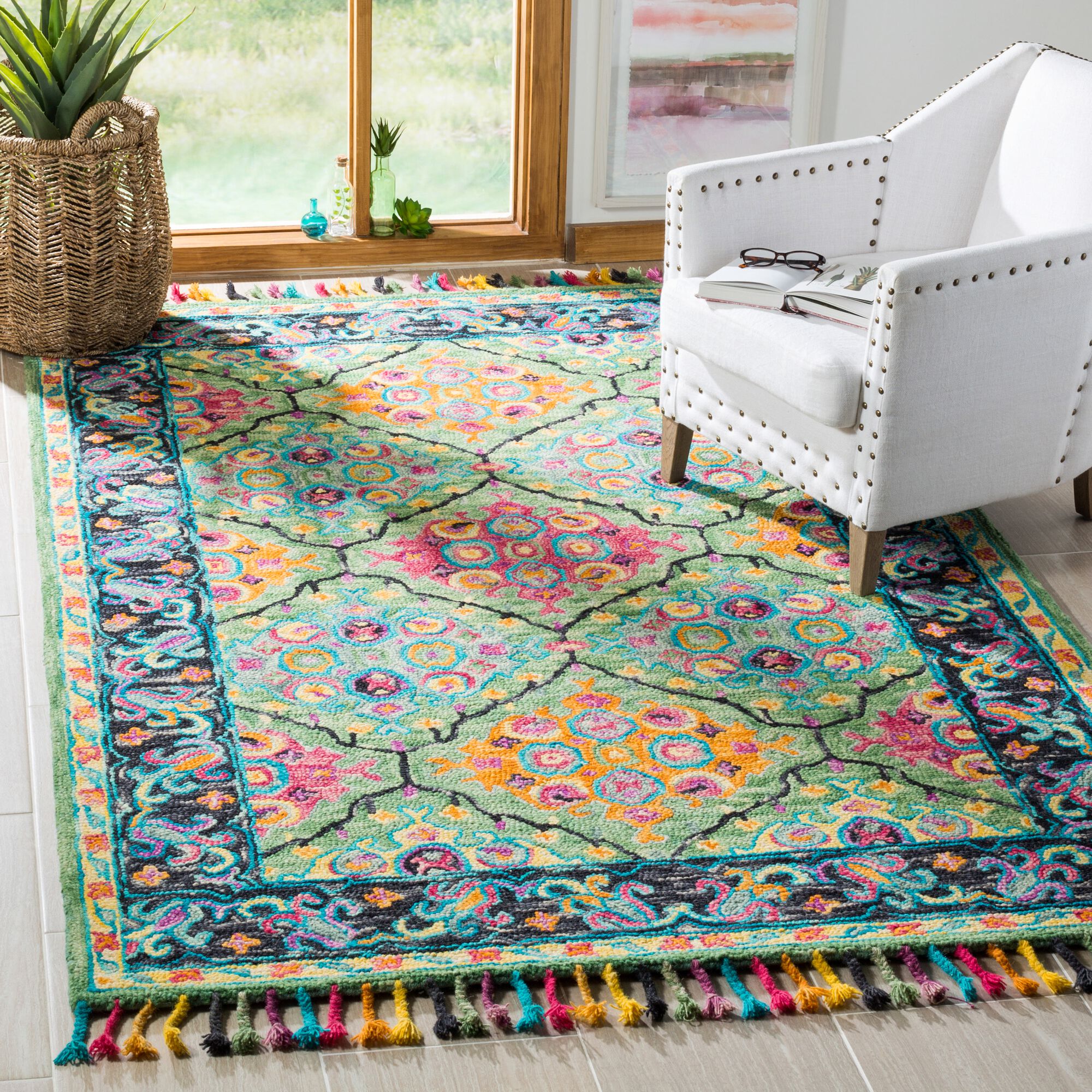 2'3" x 7' Multicolored Green Floral Wool Amelia Area Rug